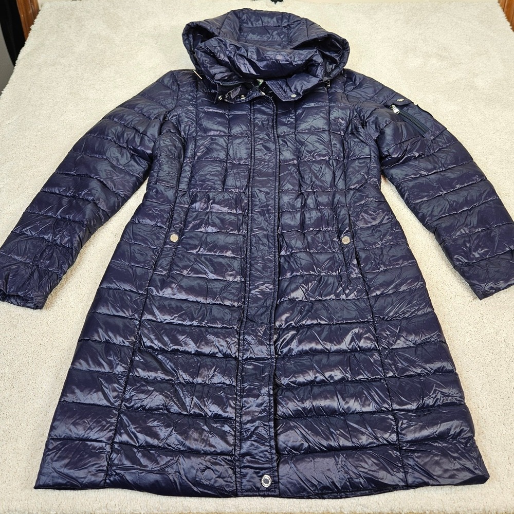Lauren Ralph Lauren‎ Quilted Puffer Hood Long Coat Navy Preppy Women M Duck Down